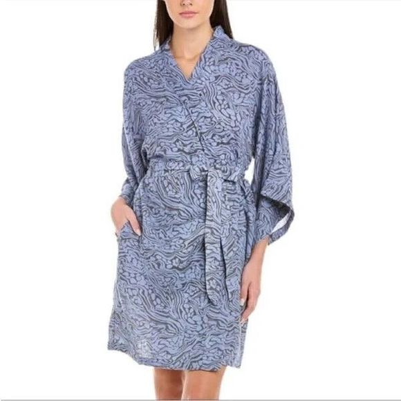 Johnny Was Calme Blue Patterned Kimono Robe Cotton Size XS $138 NEW with Tags